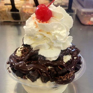 Brownie explosion ice cream sundae served at Fire n Ice ice cream and snack shop in Murrysville PA.