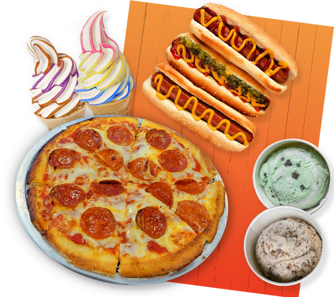 Collage of Flavor Burst soft serve ice cream, pepperoni pizza, jumbo all beef hot dogs and hand scooped ice cream.