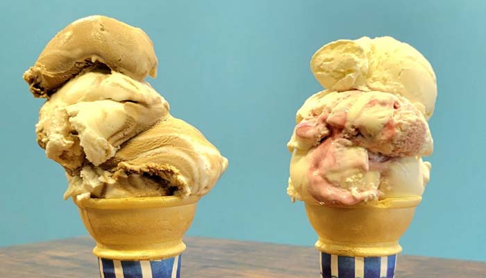 Two triple, hand scooped Penn State Berkey Creamery ice cream cones served at Fire n Ice in Murrysville, PA.