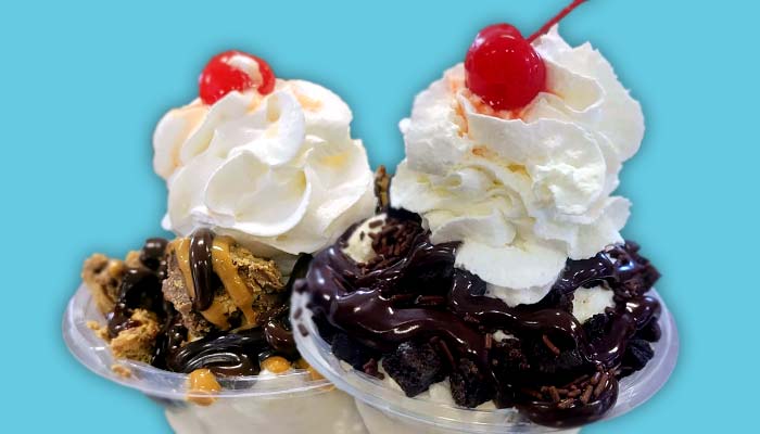 Two Fire n Ice ice cream sundaes in dishes side by side served in Murrysville, PA.